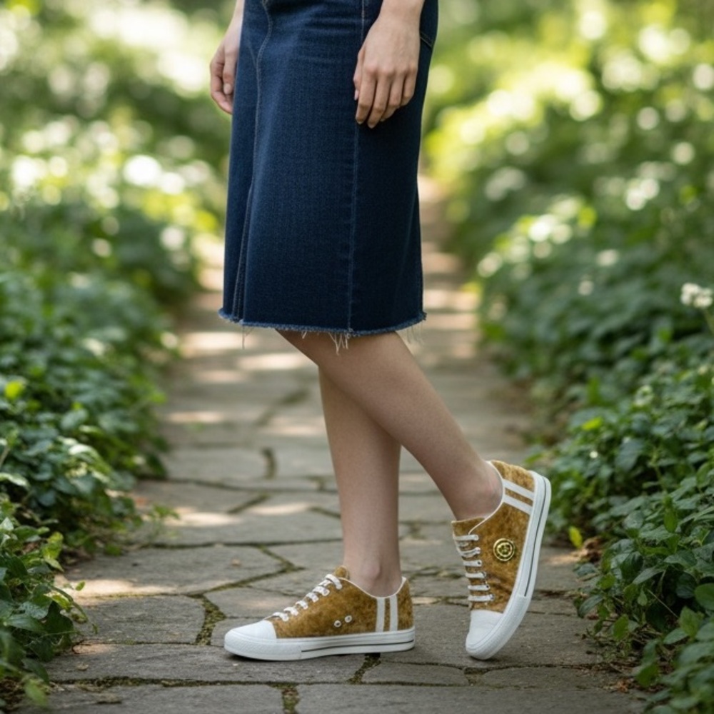 CECELIA NEW YORK Gold Velvet Low Top Sneakers with White Trim